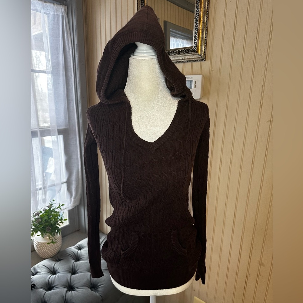 Pattyboutik Y2K Brown Ribbed Knit Hoodie Sweater Womens Small Fitted Cotton